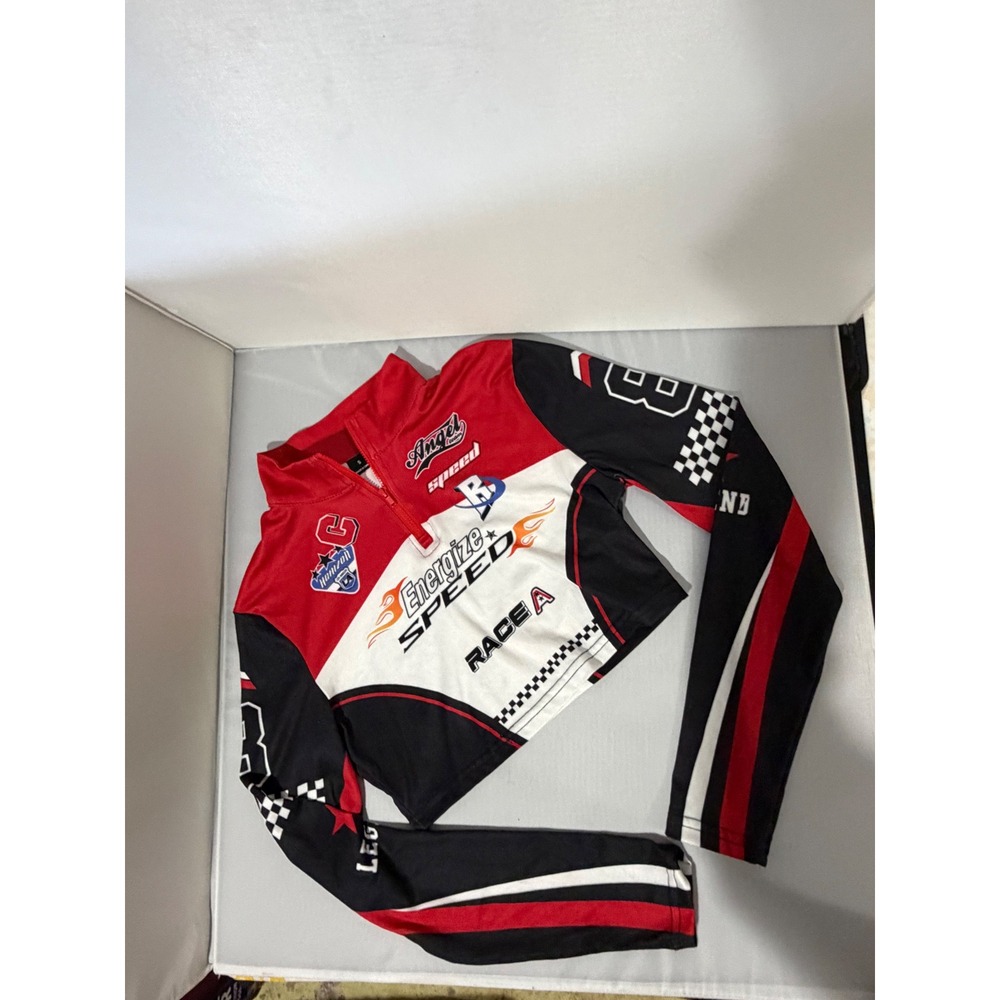 Kids Motorcross Race Graphic Crop Top Red Black White Quarter Zip Small